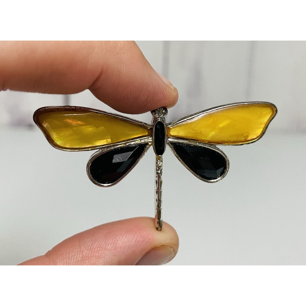 Vintage Dragonfly Black & Yellow Brooch Pin Enamel